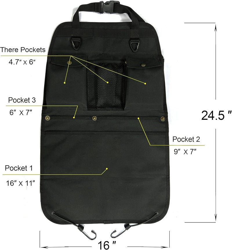 BEATUNEE Black Car Seat Back Organizer with Multiple Pockets and Hooks - Image 4
